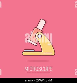 Icona microscopio in stile comico. Illustrazione vettoriale cartoon da laboratorio con lente di ingrandimento su sfondo isolato. Strumenti biologici effetto spruzzi segno busine Illustrazione Vettoriale