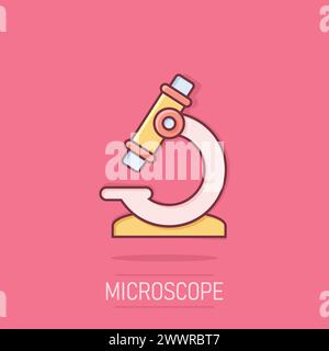 Icona microscopio in stile comico. Illustrazione vettoriale cartoon da laboratorio con lente di ingrandimento su sfondo isolato. Strumenti biologici effetto spruzzi segno busine Illustrazione Vettoriale