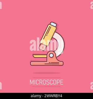 Icona microscopio in stile comico. Illustrazione vettoriale cartoon da laboratorio con lente di ingrandimento su sfondo isolato. Strumenti biologici effetto spruzzi segno busine Illustrazione Vettoriale