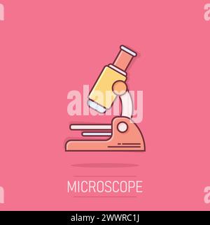 Icona microscopio in stile comico. Illustrazione vettoriale cartoon da laboratorio con lente di ingrandimento su sfondo isolato. Strumenti biologici effetto spruzzi segno busine Illustrazione Vettoriale