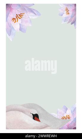 Modello da cartolina Acquerello viola acquerello e cigno bianco sfondo verde chiaro Fiore di loto illustrazione floreale disegnata a mano per il giorno della donna 2024, Foto Stock