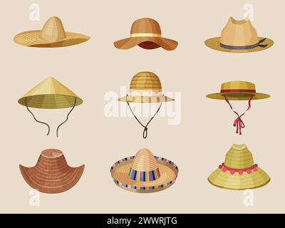 Cappelli di paglia. Protezione per la testa diversa dal sole panama cappello da cowboy, copricapo vettoriale, immagini dei cartoni animati Illustrazione Vettoriale