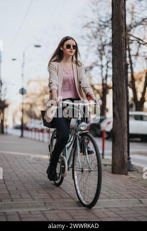 Una giovane donna elegante si diverte a fare una piacevole corsa in bicicletta in una giornata di sole Foto Stock