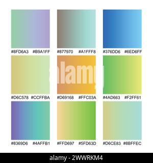 Raccolta gradiente, ologramma dell'arcobaleno lucido. Struttura olografica in lamina, blu, giallo, gradazione rosa. Catalogo delle tavolozze dei campioni in RGB ESADECIMALE. Vettore Illustrazione Vettoriale