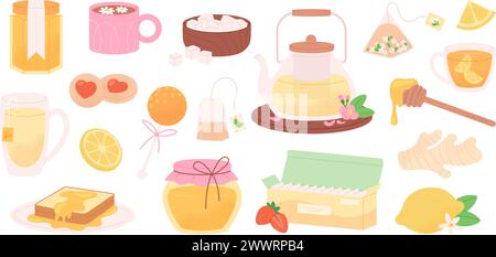 Tè e miele. Tazza isolata, vasetti e biscotti. Zenzero e limone, pacchetto di tè con camomilla e lecca lecca. Brinda con caramello, fertile dolce vettoriale Illustrazione Vettoriale