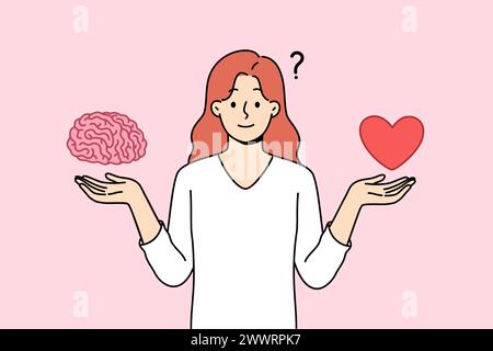 La donna cerca di trovare un equilibrio tra educazione e relazione romantica, tenendo il cuore con il cervello in mano. Scegliere le priorità della vita e l'equilibrio tra istinto o intelletto quando si prendono decisioni Illustrazione Vettoriale