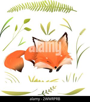 Carino Fox addormentato tra le foglie della foresta Illustrazione Vettoriale