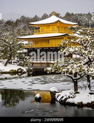 La pagoda dorata buddista zen (Kinkakuji) di Kyoto, in Giappone, coperta di neve con riflessi nel lago. La zona è coperta da una neve pesante e rara. Foto Stock