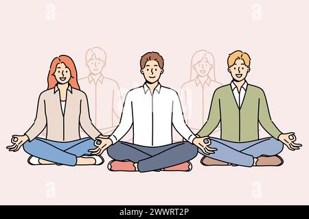 Gli uomini d'affari meditano in gruppo durante la pausa dal lavoro, seduti in posizione di loto dallo yoga e godendo di pratica zen. Meditazione di gruppo per i lavoratori d'ufficio per guadagnare forza prima di un incontro importante Illustrazione Vettoriale