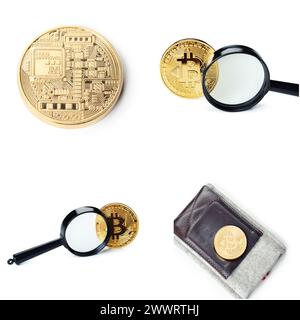 Golden Bitcoin coin isolato su bianco Foto Stock