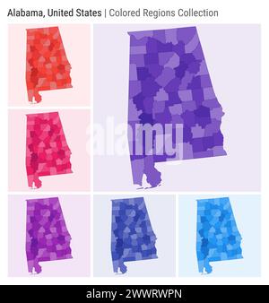 Alabama, Stati Uniti. Raccolta mappe. Stato forma. Contee colorate. Viola intenso, rosso, rosa, viola, indaco, tavolozze di colore blu. Illustrazione Vettoriale