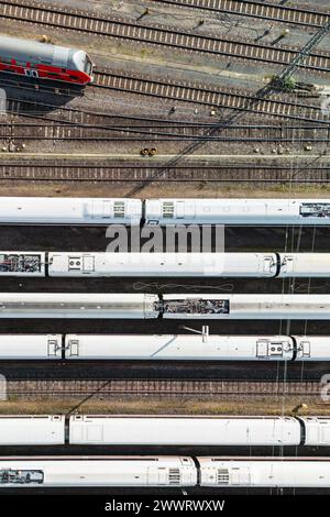 Le locomotive multiple stazionarie su binari ferroviari circondati da binari paralleli: Francoforte, Germania Foto Stock