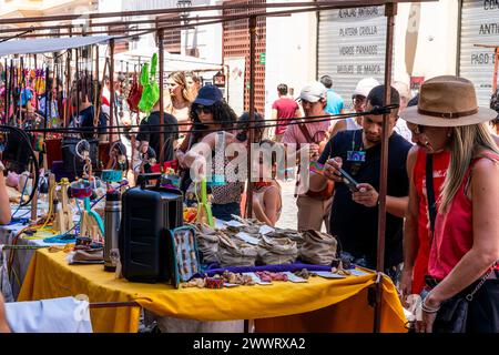 I turisti fanno shopping al mercato domenicale di San Telmo, Buenos Aires, Argentina. Foto Stock