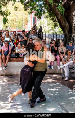 Uno spettacolo di danza di Tango in Plaza Dorrego, quartiere di San Telmo, Buenos Aires, Argentina. Foto Stock