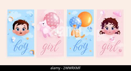 tessere doccia per bambini in 3d. Design della scheda di invito per feste di compleanno per neonati o neonati, carina cartolina per bambini nati da ragazzo, illustrazione vettoriale esatta della carta di nascita Illustrazione Vettoriale