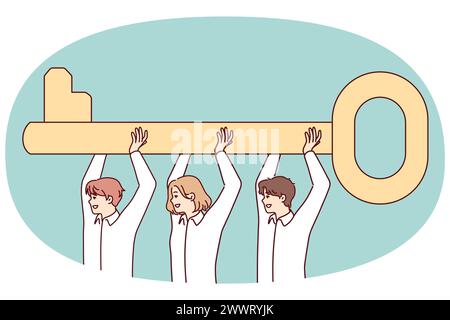 I dipendenti del team sollevano un'enorme chiave in testa, simbolizzando la soluzione congiunta del problema. Uomini e donne amichevoli lavorano insieme per migliorare i processi aziendali e raggiungere gli obiettivi aziendali. Immagine vettoriale piatta Illustrazione Vettoriale