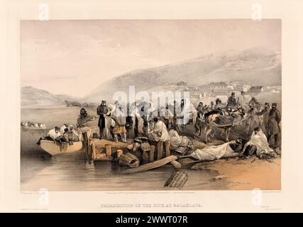 "Imbarco dei malati a Balaklava". Stampa storica d'epoca della guerra di Crimea, dalla sede della guerra in Oriente di William Simpson, 1855 Foto Stock