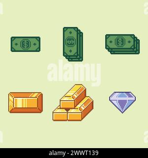 I pixel sono un set di illustrazioni in denaro e oro: Banconote in dollari verdi, pila di contanti, barra d'oro, icona a rombo su sfondo chiaro Illustrazione Vettoriale