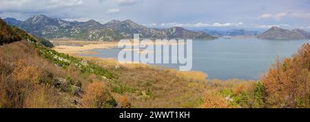 Vista panoramica sul lago Skadar vicino a Virpazar, Montenegro Foto Stock