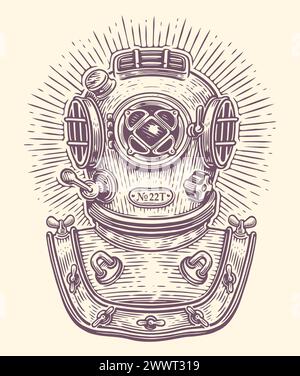 Schizzo del casco da immersione. Attrezzatura subacquea per immersioni in acque profonde. Illustrazione vettoriale della tuta subacquea vintage Illustrazione Vettoriale