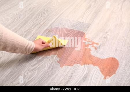 Donna che strofina il vino versato dal pavimento in laminato di legno con uno straccio Foto Stock