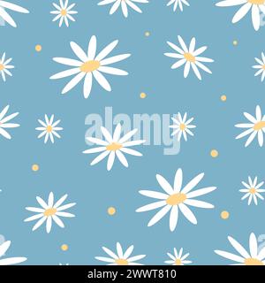 Motivo senza cuciture con margherite su sfondo blu Illustrazione Vettoriale