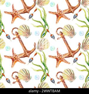 Motivo senza cuciture con elementi marini. Conchiglie, ancora, galleggiante, bolle isolate su sfondo bianco. Acquerello, illustrazione disegnata a mano per l'involucro Foto Stock