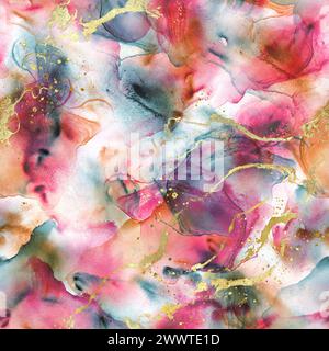 Acquerello astratto, grunge, sfondo di lusso. Colorazioni glitterate rosa, verde acqua e oro disegnate a mano, spruzza elementi motivo senza cuciture. Texture acquerello. P Foto Stock