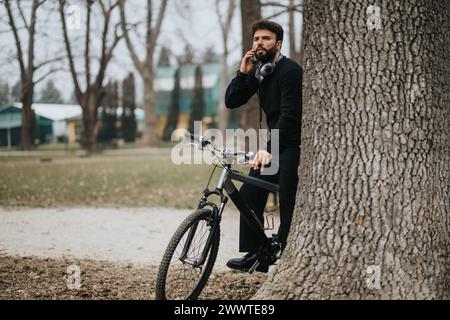 Un uomo d'affari concentrato in tuta si appoggia contro un albero con la sua bicicletta, facendo una seria conversazione telefonica in un parco tranquillo. Foto Stock