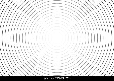 Sfondo cerchi concentrici. Linee arrotondate sottili. Increspature, epicentro, scoppio sole, irradiazione, segnale radio, target, sfondo onda sonar. Semplice illustrazione vettoriale in bianco e nero con effetto ipnotico. Illustrazione Vettoriale