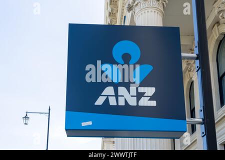 Primo piano del logo ANZ sull'edificio di Oamaru, nuova Zelanda. Foto Stock