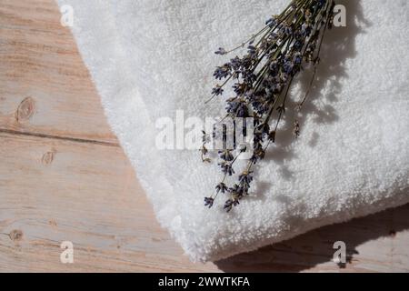 Fiori di lavanda secchi su un panno di cotone. Composizione estetica con spazio di copia per carta da parati, nero, modello. Stile ecologico minimalista STILL Life Foto Stock