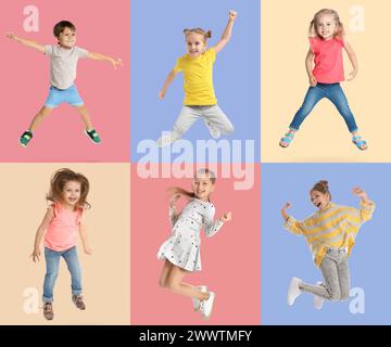 Gruppo di bambini che saltano su sfondi colorati, set di foto Foto Stock