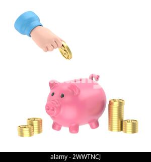 Uomo d'affari isometrico 3d piatto che mette la moneta da un dollaro nel salvadanaio. Concetto di risparmio economico e finanziario.rendering 3D su sfondo bianco. Foto Stock