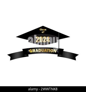 Cappuccio graduato con striscione classe 2024. Emblema della celebrazione accademica. Golden highlights. Illustrazione vettoriale. EPS 10. Illustrazione Vettoriale