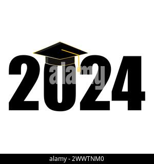 2024 concetto di graduazione. Mortarboard sui numeri. Design accademico celebrativo. Illustrazione vettoriale. EPS 10. Illustrazione Vettoriale