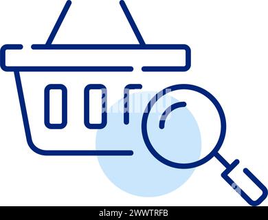 Carrello della spesa e lente di ingrandimento. Sfoglia i prodotti, esplora le trattative e analizza il comportamento dei clienti. Icona Pixel Perfect Illustrazione Vettoriale