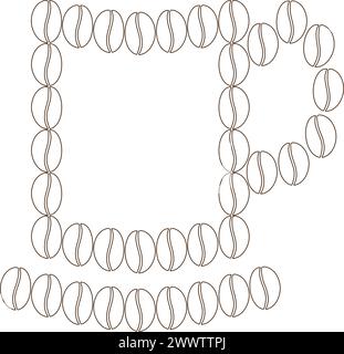 Contorno di tazza e piattino stilizzati in chicchi di caffè Logo, icona o concetto di saluto Coffee Day. Isolare. EPS. Vettoriale per adesivi o cartoline, poster o Web, cartellino prezzi, etichette, pubblicità o promozioni Illustrazione Vettoriale