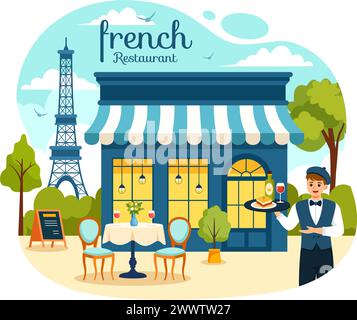 Cucina francese ristorante Vector illustrazione con vari piatti tradizionali o nazionali della Francia su sfondo di cartone animato piatto Illustrazione Vettoriale