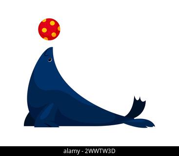 Il cartoni animati Shapito Circus, il leone marino o il personaggio di un animale di foca da pelliccia, equilibra con grazia una palla sul naso, catturando il pubblico con salti acrobatici e spi Illustrazione Vettoriale