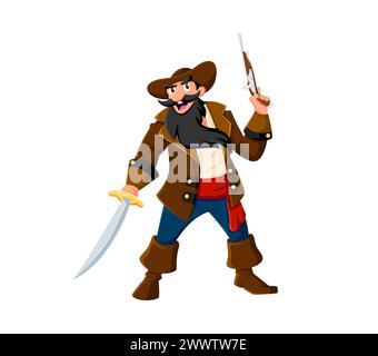 Personaggio dei cartoni animati pirata e corsaro. Capitano di mare con pistola e sciabola. Robusto personaggio vettoriale isolato e temibile con cappello, barba lunga e baffi, Illustrazione Vettoriale