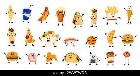 Cartoni animati allegri divertenti personaggi del fast food da asporto. Vettoriale tornado patata, cola, hotdog e birra. Quesadilla, burrito, patatine fritte e gelato. P Illustrazione Vettoriale