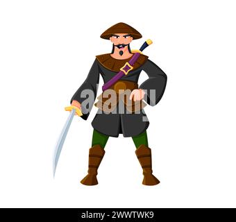 Personaggio del pirata dei cartoni animati o del marinaio skipper, boatswain o capitano corsaro, ostruzionismo vettoriale. Uomo pirata caraibico con spada in costume corsaro, Illustrazione Vettoriale