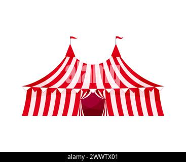 Grande tenda superiore del circo cartoon shapito. Vettoriale isolato grande, a righe, rosso e bianco, riparo su tela di carnevale per spettacoli di divertimento con acrobati, clown, un Illustrazione Vettoriale