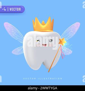 Illustrazione cartoni animati del vettore della fata dei denti. Graziosa Fata dei denti che indossa la corona e tiene in mano una figura vettoriale con la bacchetta magica Illustrazione Vettoriale