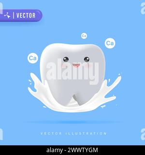 Personaggio 3D del dente felice e sano sorridente con l'illustrazione del vettore dello spruzzo di latte e delle particelle di calcio. Adatto per bambini Dental Clinic poster Illustrazione Vettoriale