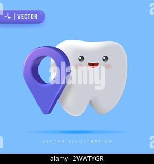 Concetto di posizione della clinica dentale con dente carino 3D realistico e icona di posizione isolata su sfondo blu illustrazione vettoriale. Firma logo Dental Point Illustrazione Vettoriale