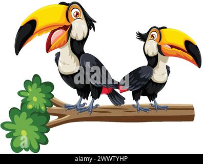 Due vivaci toucan appollaiati su un ramo di legno Illustrazione Vettoriale