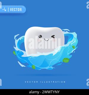 Personaggio 3D happy White Tooth con spruzzi d'acqua e zecche. Concetto di dentifricio alla menta rinfrescante Illustrazione Vettoriale