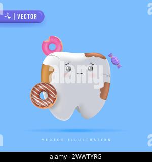 Illustrazione del vettore di decadimento dei denti per la progettazione di modelli di poster per cliniche dentarie per bambini. Illustrazione dei denti incrinati o rotti. Carattere della peste dentale Illustrazione Vettoriale
